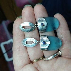 Blue stone and blue glass or sea glass sterling silver dangle earrings